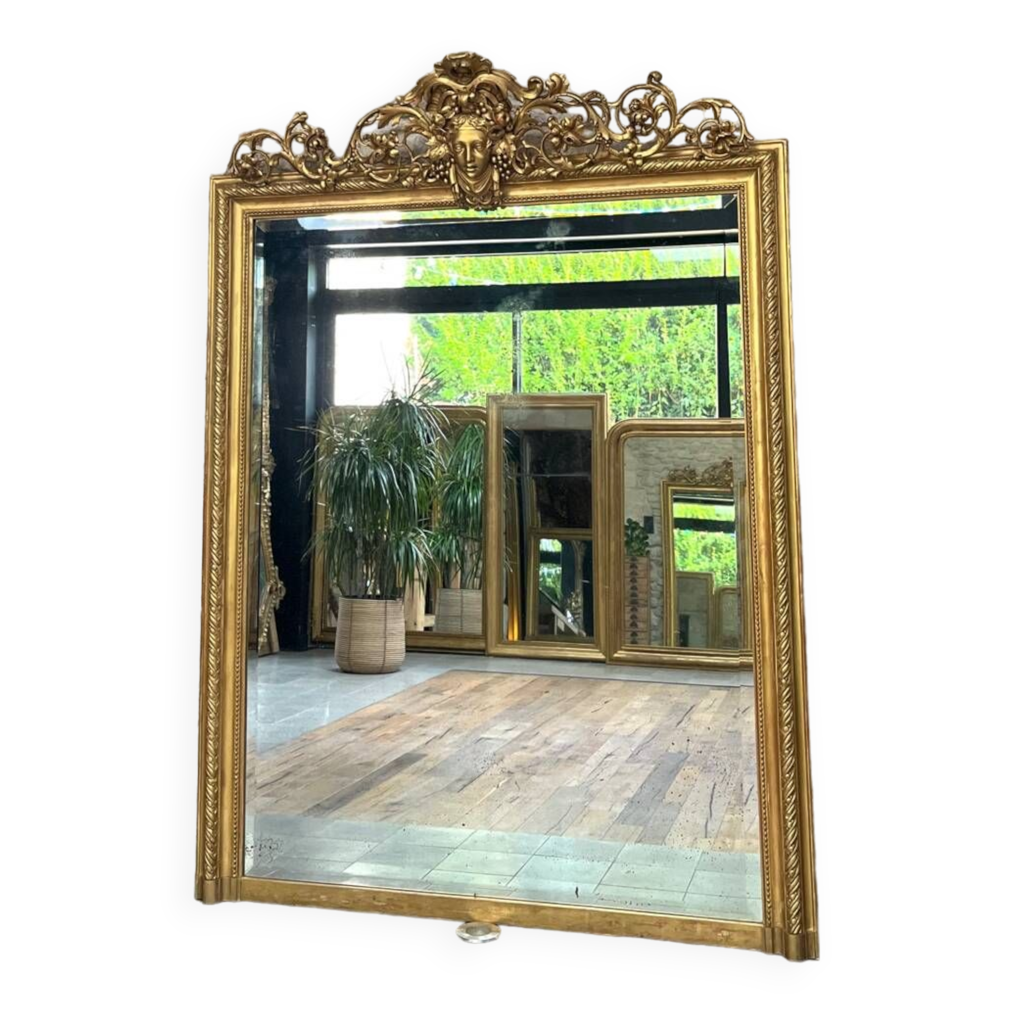 Pedimented mirror 184.5cm/135cm gilded with gold leaf