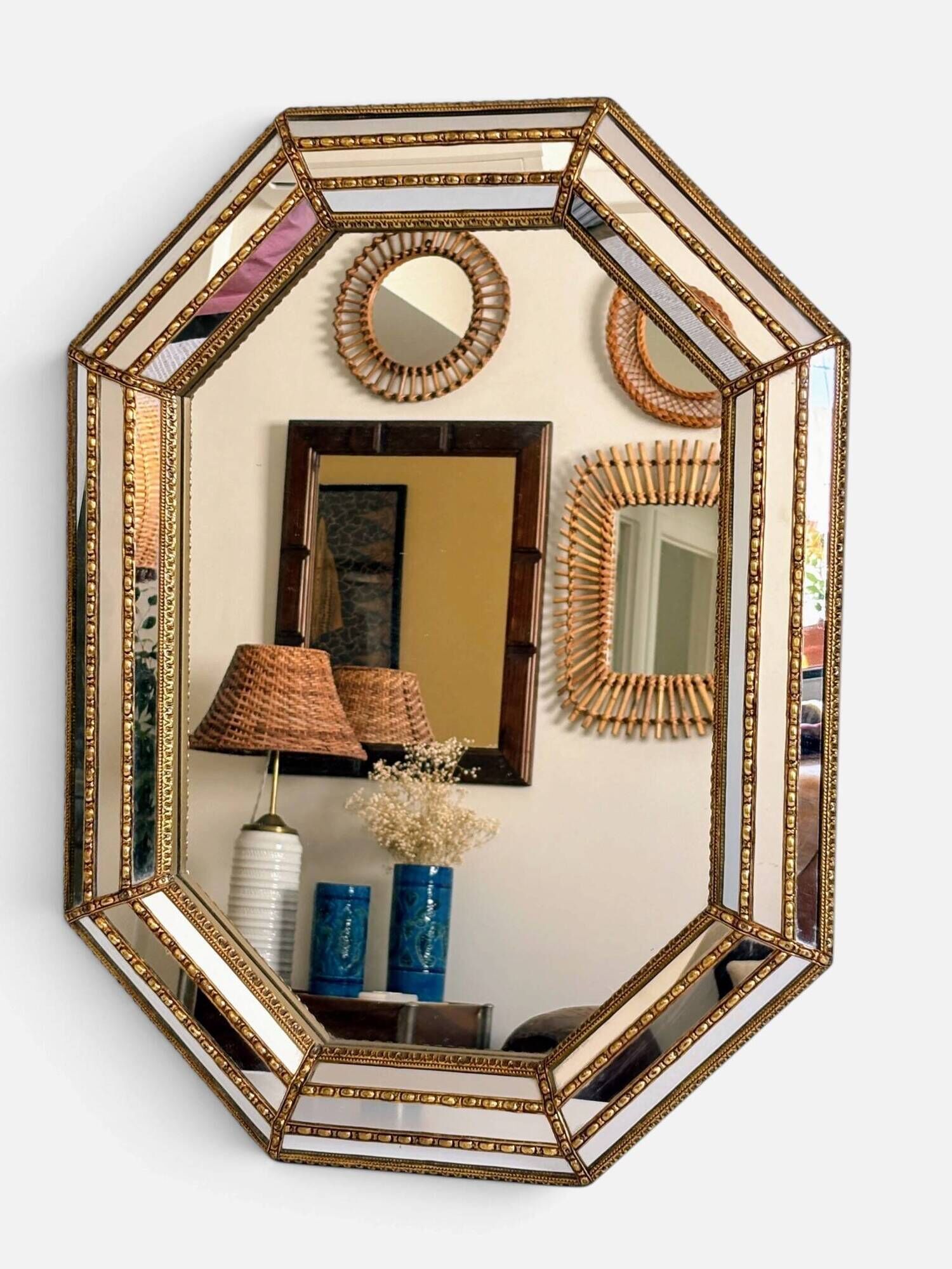 Octagonal Venetian Modern Hollywood Regency Mirror, Handmade in Spain, 1980