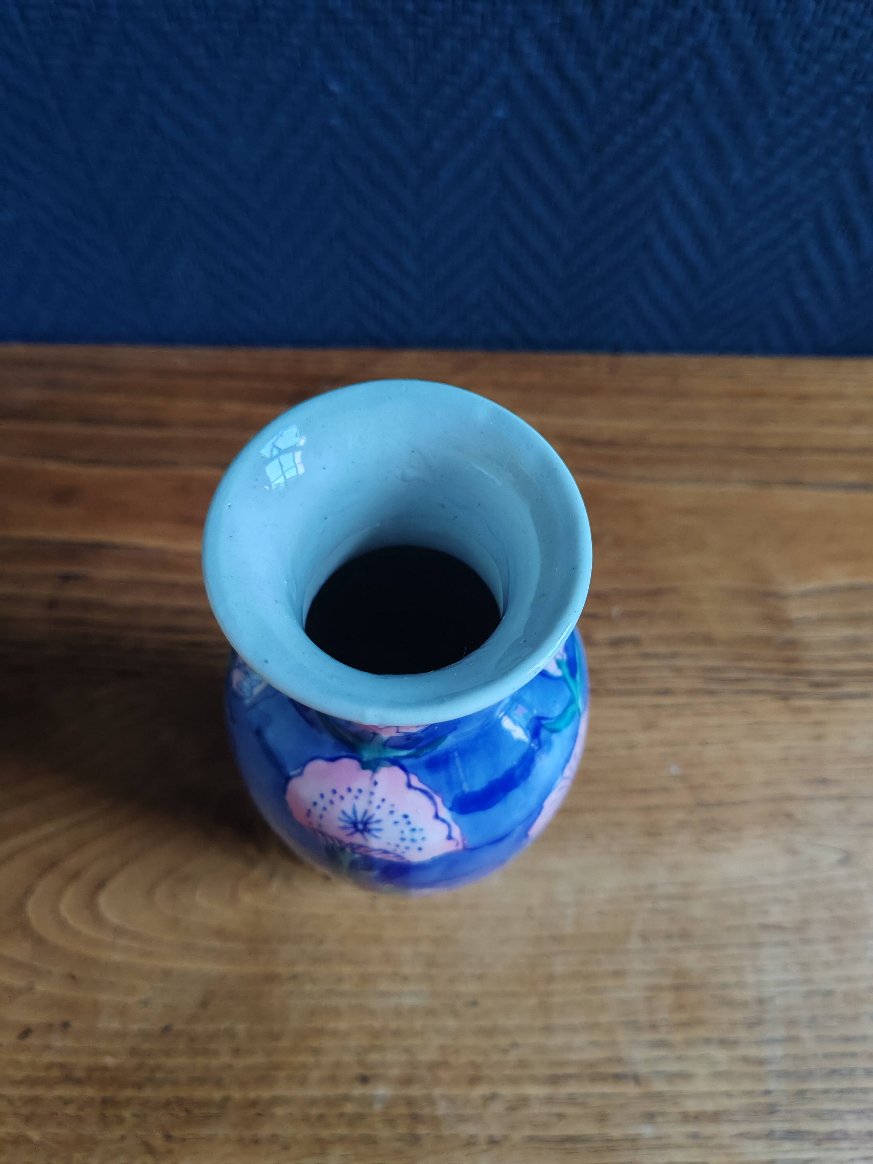 Vintage Blue Ceramic Vase with Pink Floral Decoration, Shabby Chic Style