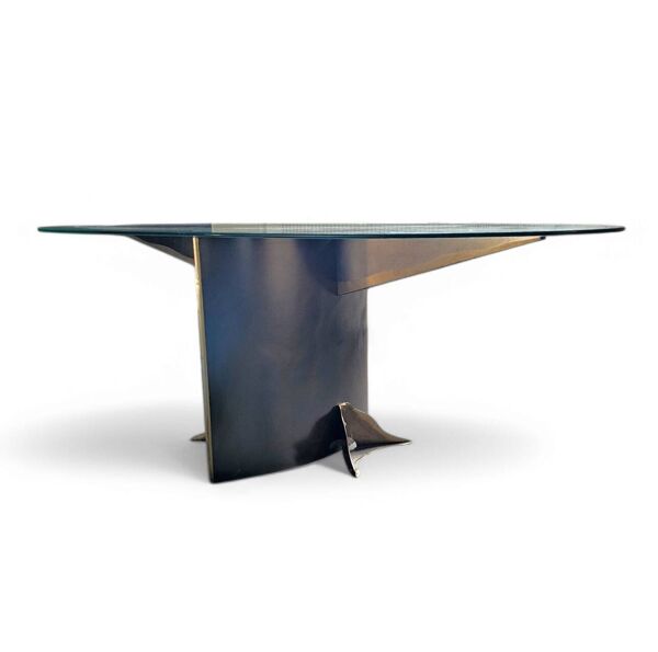 Table postmoderne Belgo Chrom / plateau ovale en verre / années 80