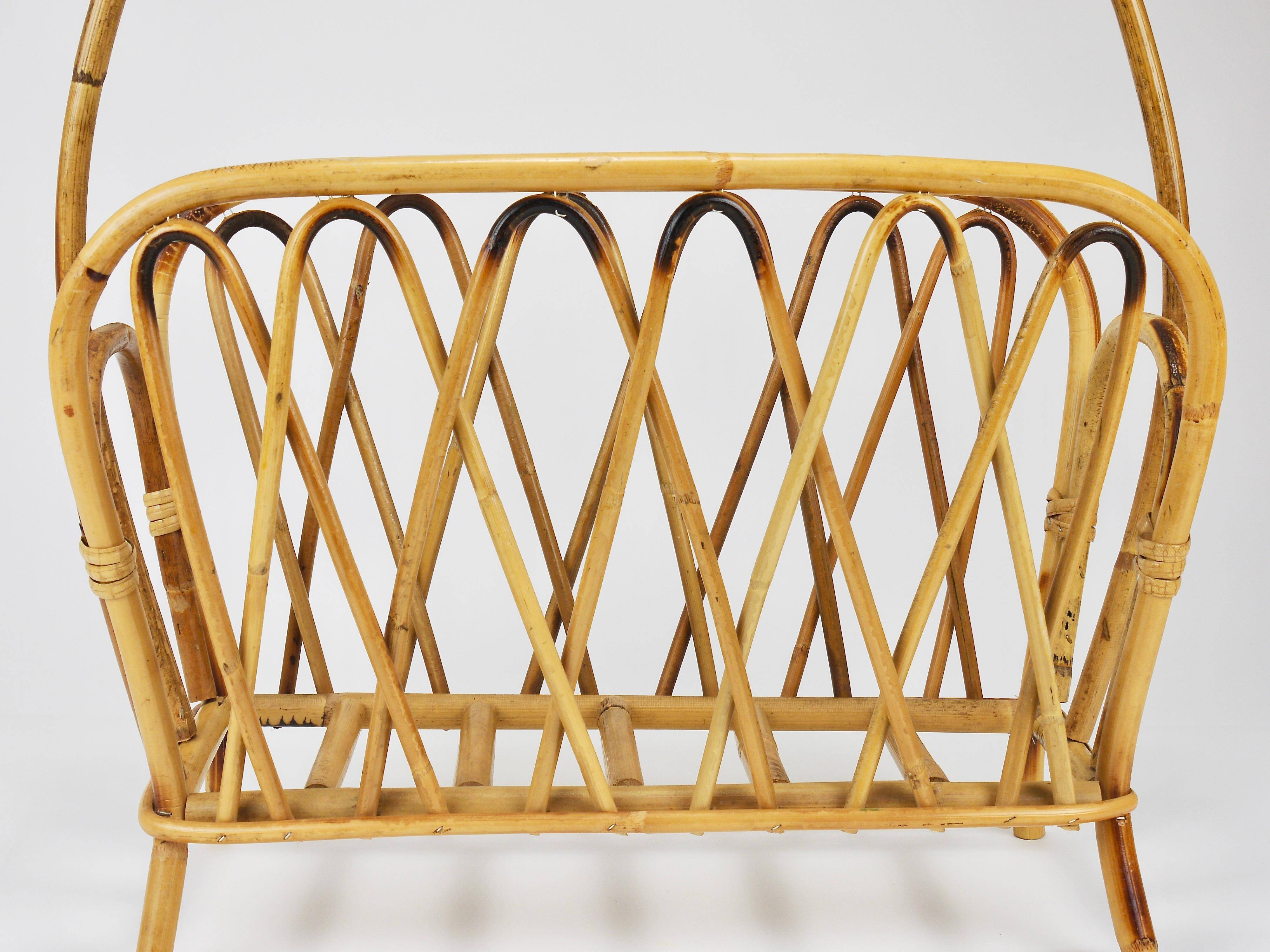 Bamboo and rattan magazine rack in the style of Franco Albini, Italy, 1970s.