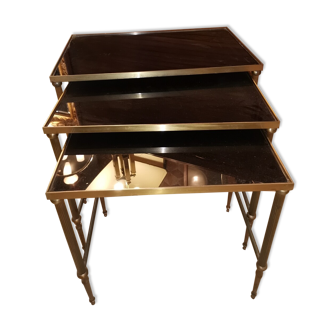Set of 3 tables with golden brass and black glass