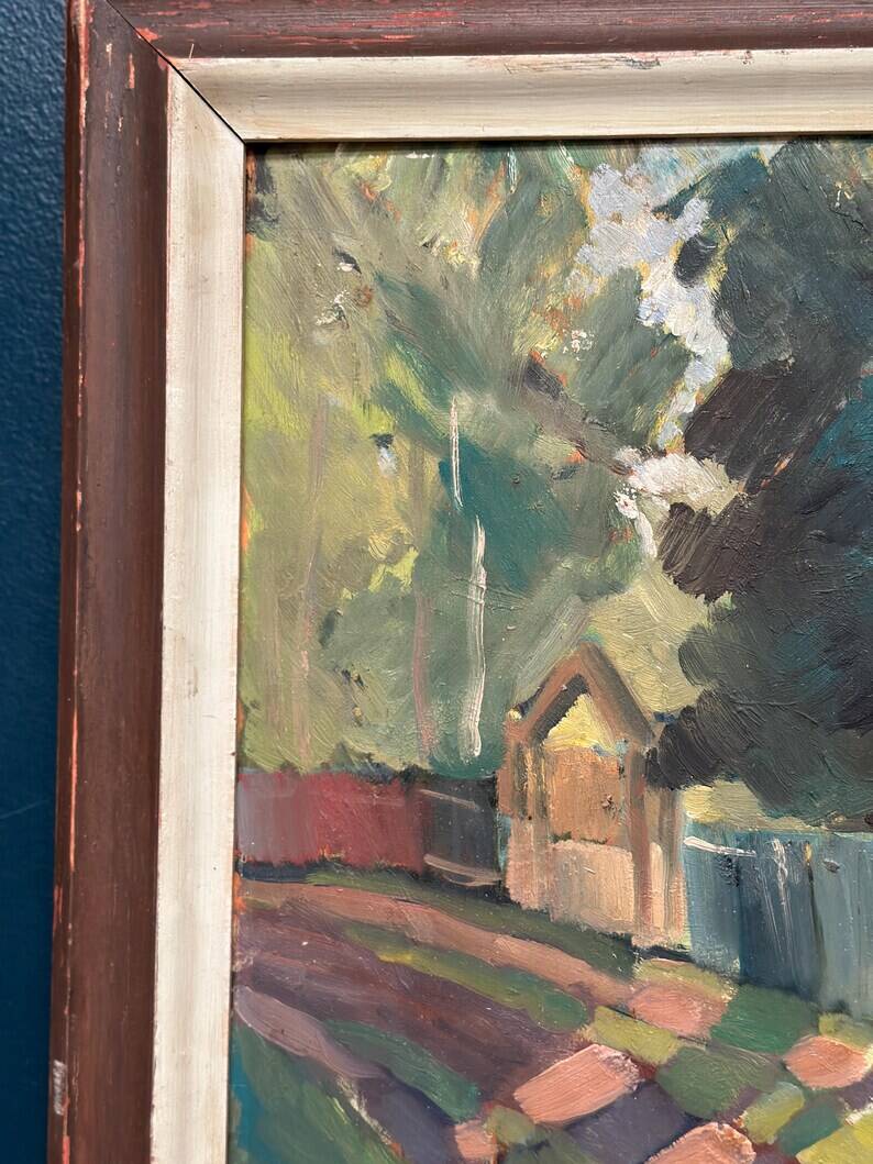 Original Swedish Oil on Panel - "Landscape with Fence" by Bajo - Signed - Vintage and Framed - 58 × 52 cm (22.8" × 20.5")