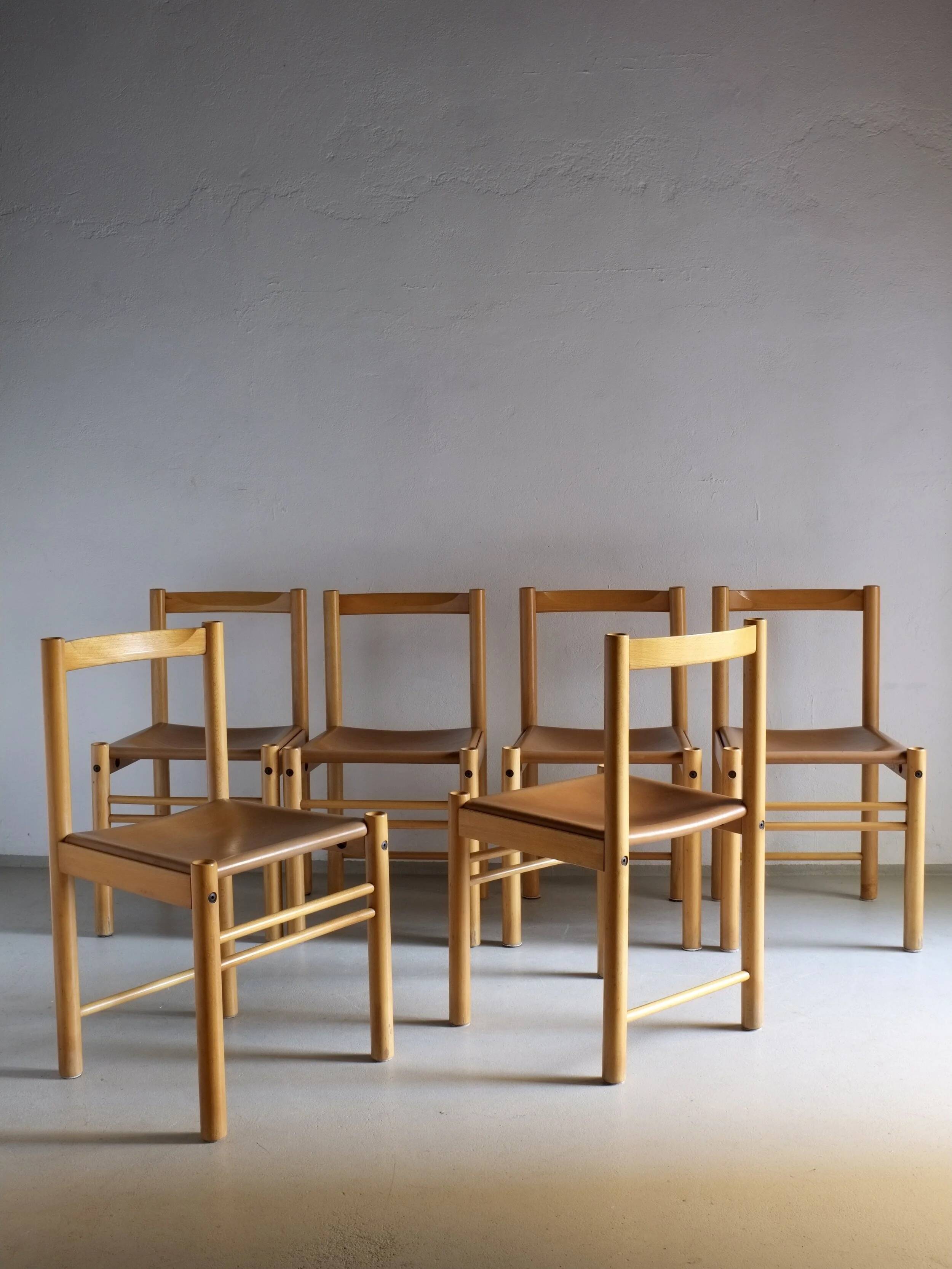 6 beech wood cognac leather chairs | Ibisco | Italy | 1960s