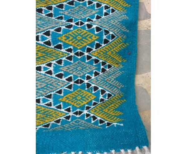 Tapis bleu et jaune motifs losanges fait main en pure laine 95x60cm