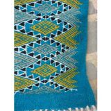Blue and yellow carpet diamond patterns handmade in pure wool 95x60cm