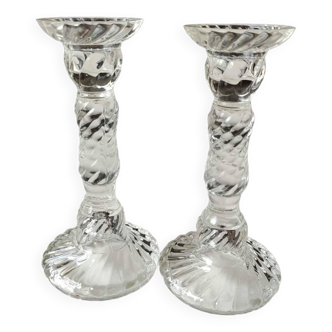Pair of Art Deco/Portieux Candlesticks. In pressed crystal glass. Twisted execution. High 15 cm