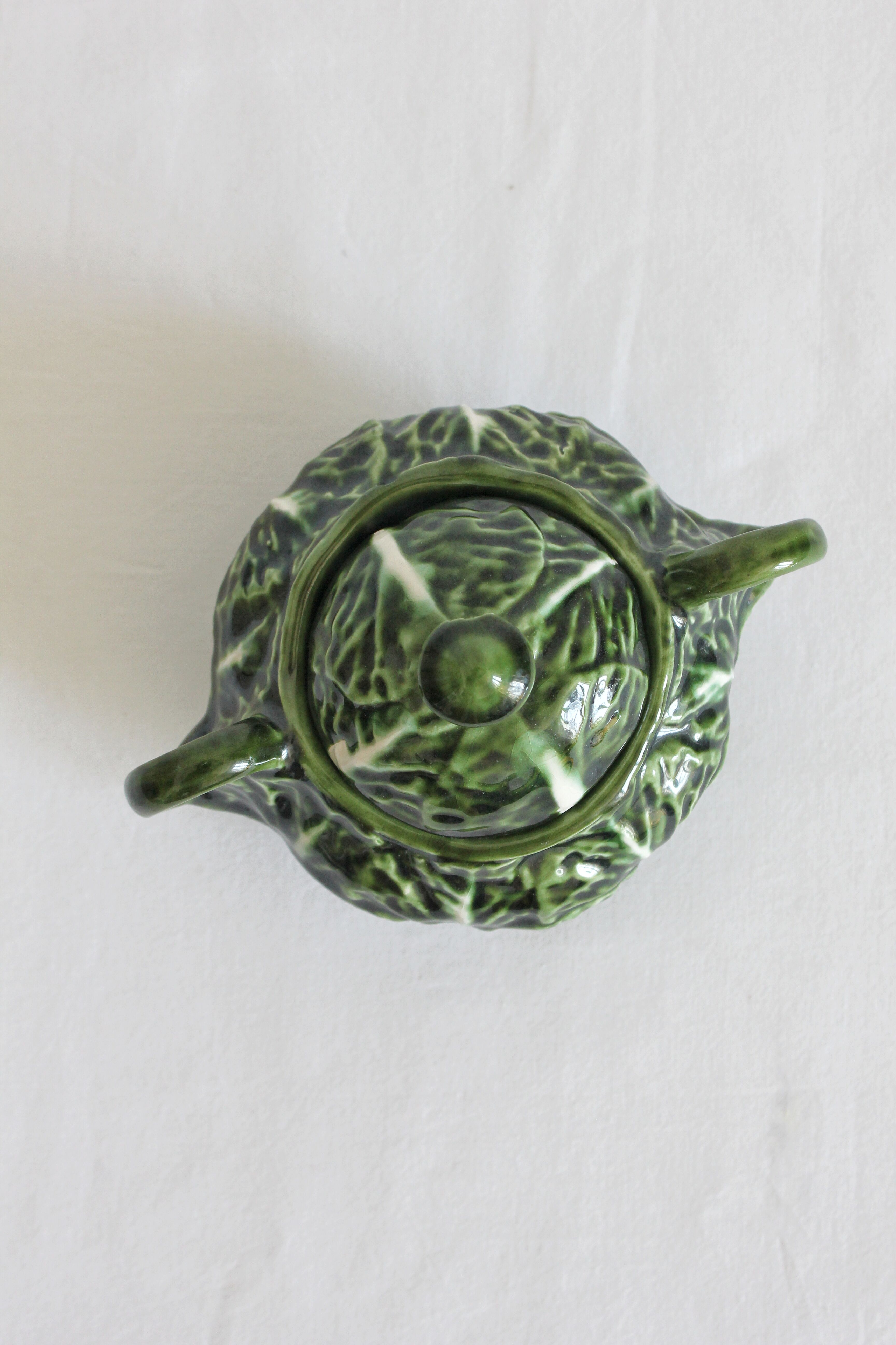 Vintage slipware cabbage-shaped sugar bowl