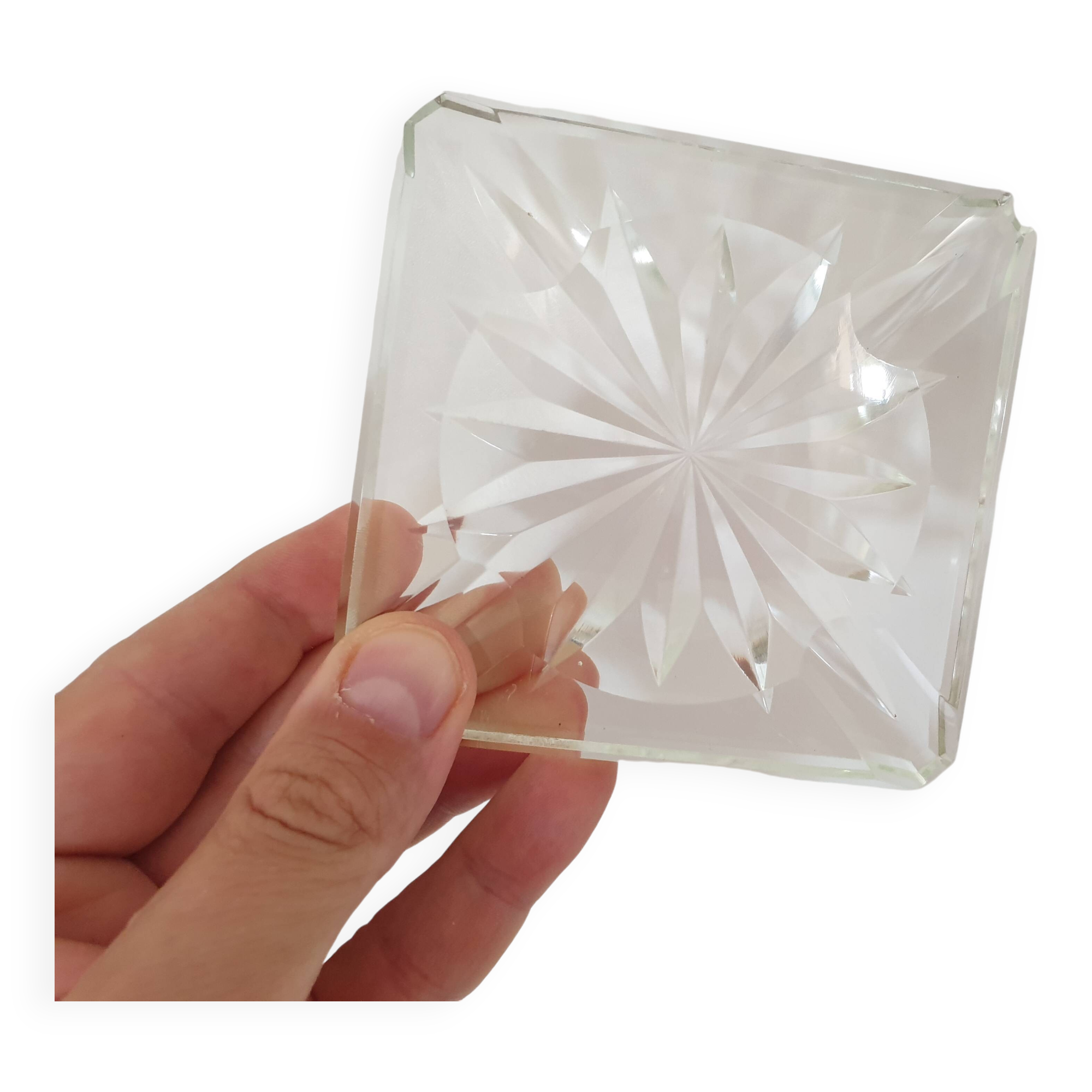 Cendrier carré plat motifs géométriques design en verre de cristal - Vintage