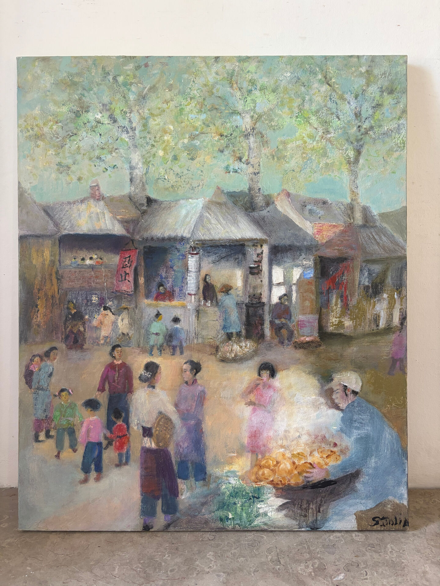 Scène de rue chinoise, huile sur toile signée
