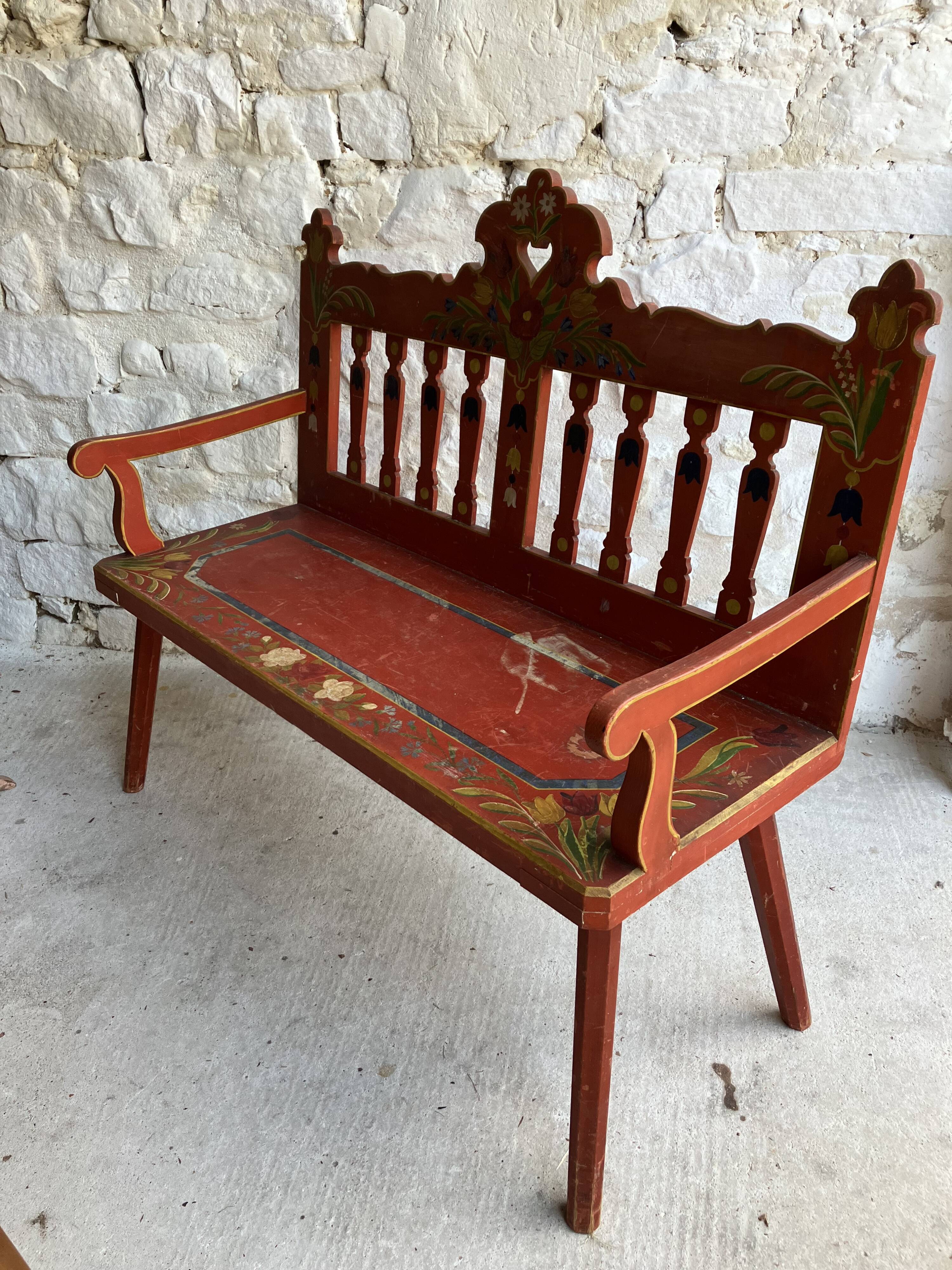 Folk bench in painted wood - Eastern Europe probably Hungary - early 20th century