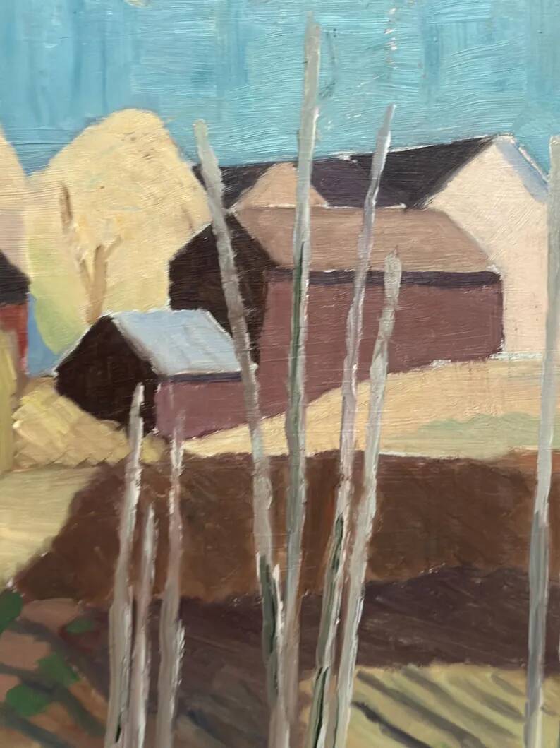 Original Swedish Oil on Panel – "Huts Behind the Trees" – Signed – Vintage & Framed – 51 × 43 cm (20.1" × 16.9")
