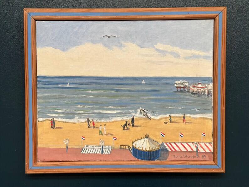Original Swedish Oil on Canvas – "Day at the Beach" by Mona Starfelt – Signed – Dated 1989 – Framed