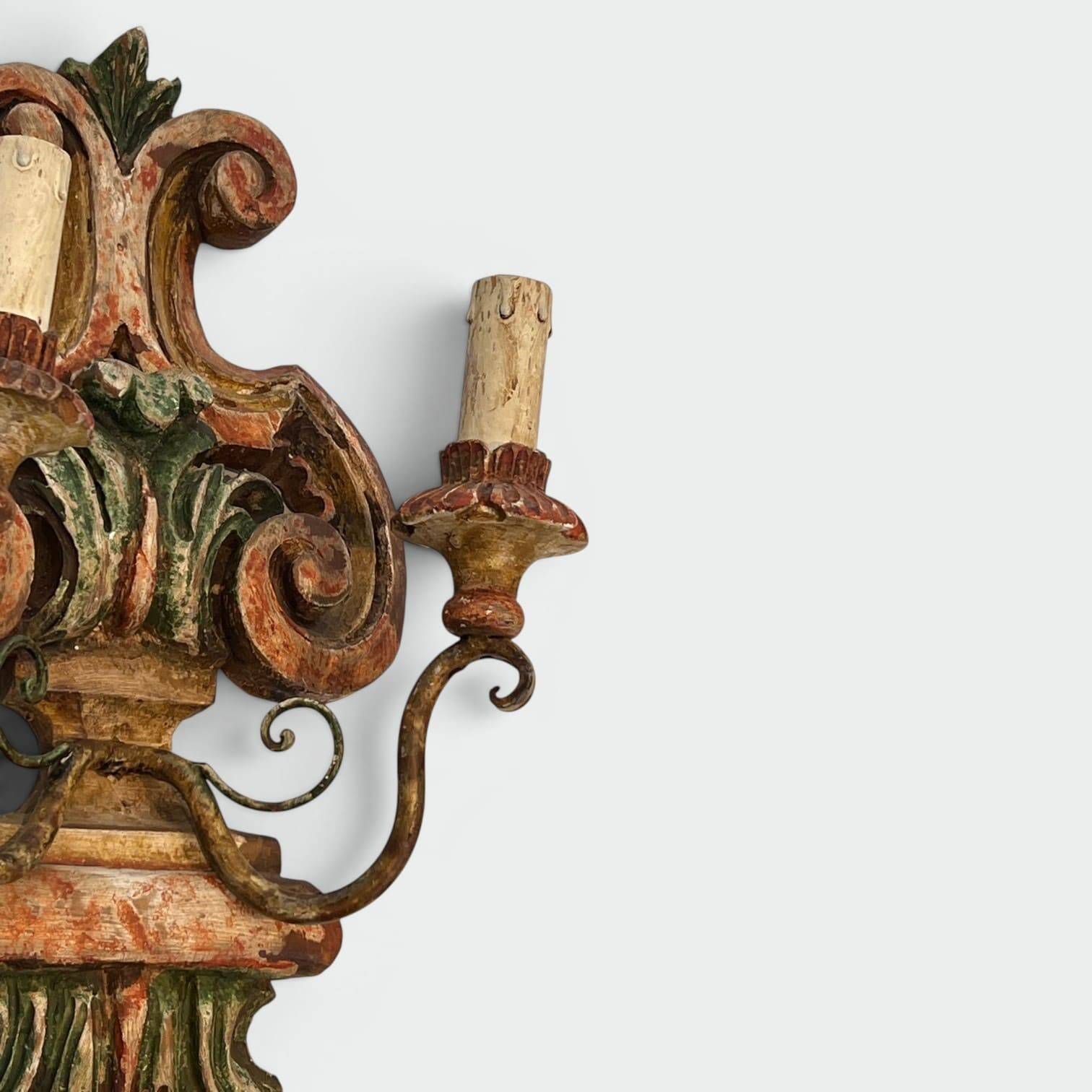 Pair of Polychrome Carved Wood Wall Lights with Vase and Acanthus. Arm in Iron.