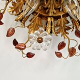 Large floral ceiling light in gilded metal and crystal, Banci Firenze, 1970.