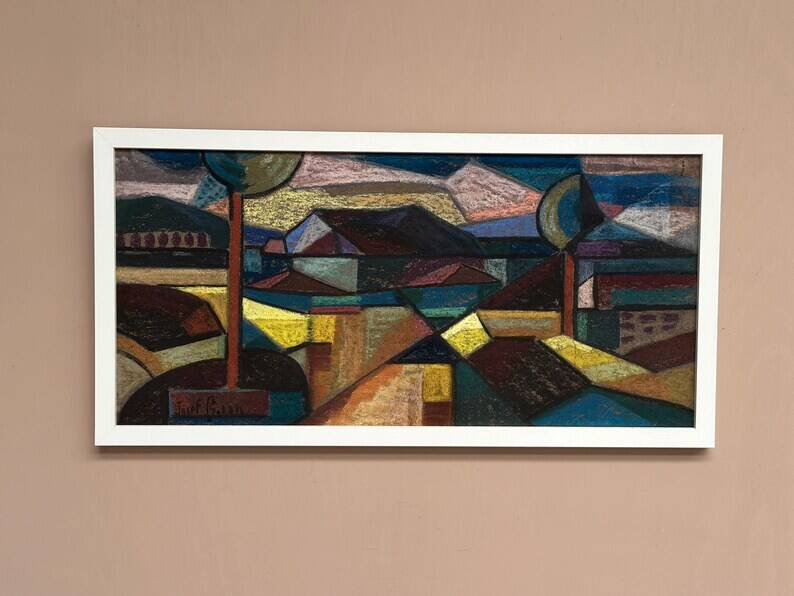 Large oil on panel by Josef Gustafsson, Cubist Landscape, Signed