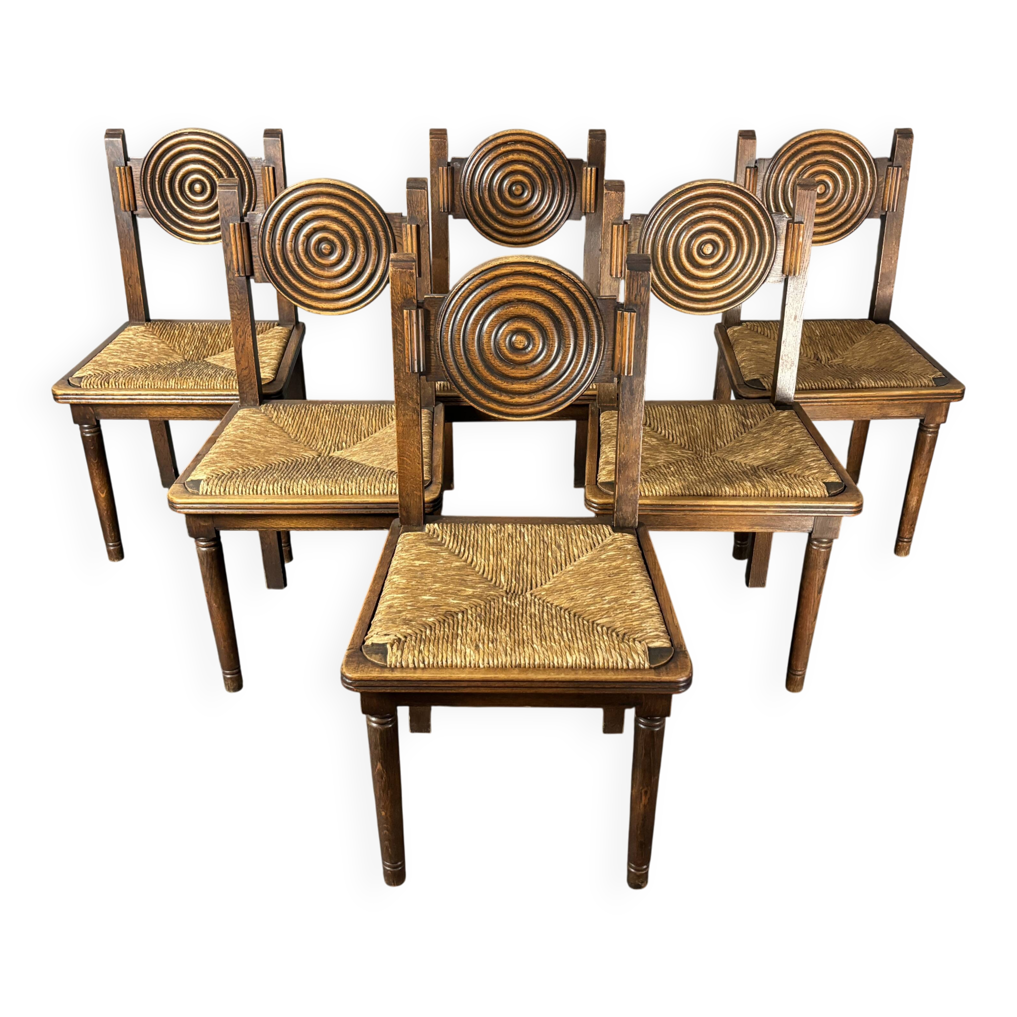 6 Farmhouse wood turned rush dining chairs