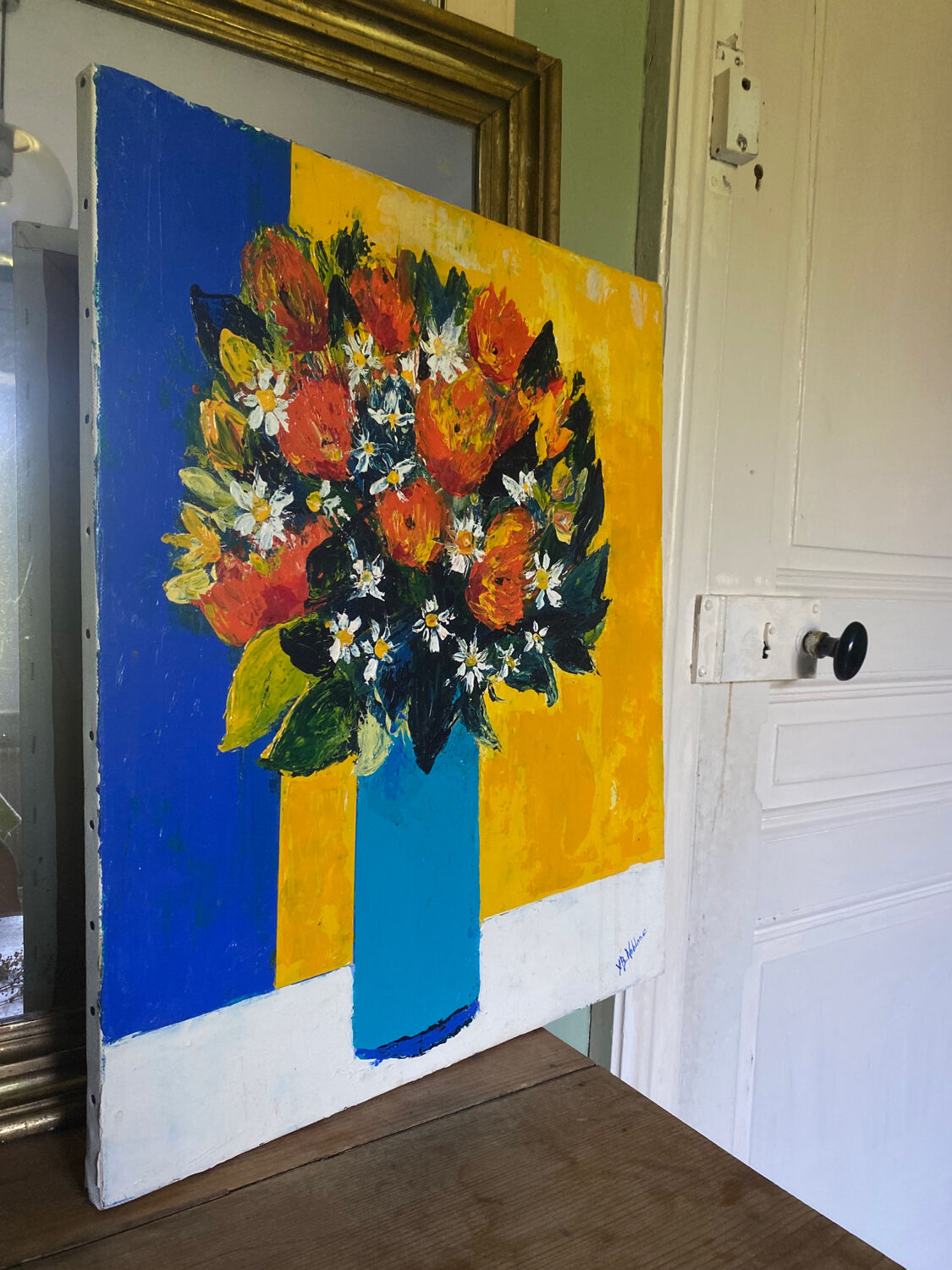 Painting colorful bouquet of flowers signed modernist canvas