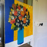 Tableau peinture bouquet de fleurs coloré signé toile moderniste