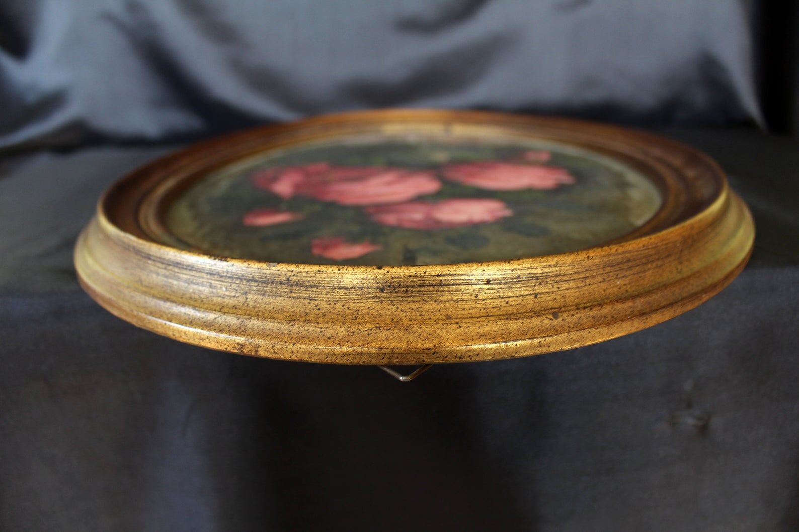 Antique vintage painting on wood, still life, oval frame, pink roses flower bouquet, signed, antique