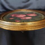 Antique vintage painting on wood, still life, oval frame, pink roses flower bouquet, signed, antique