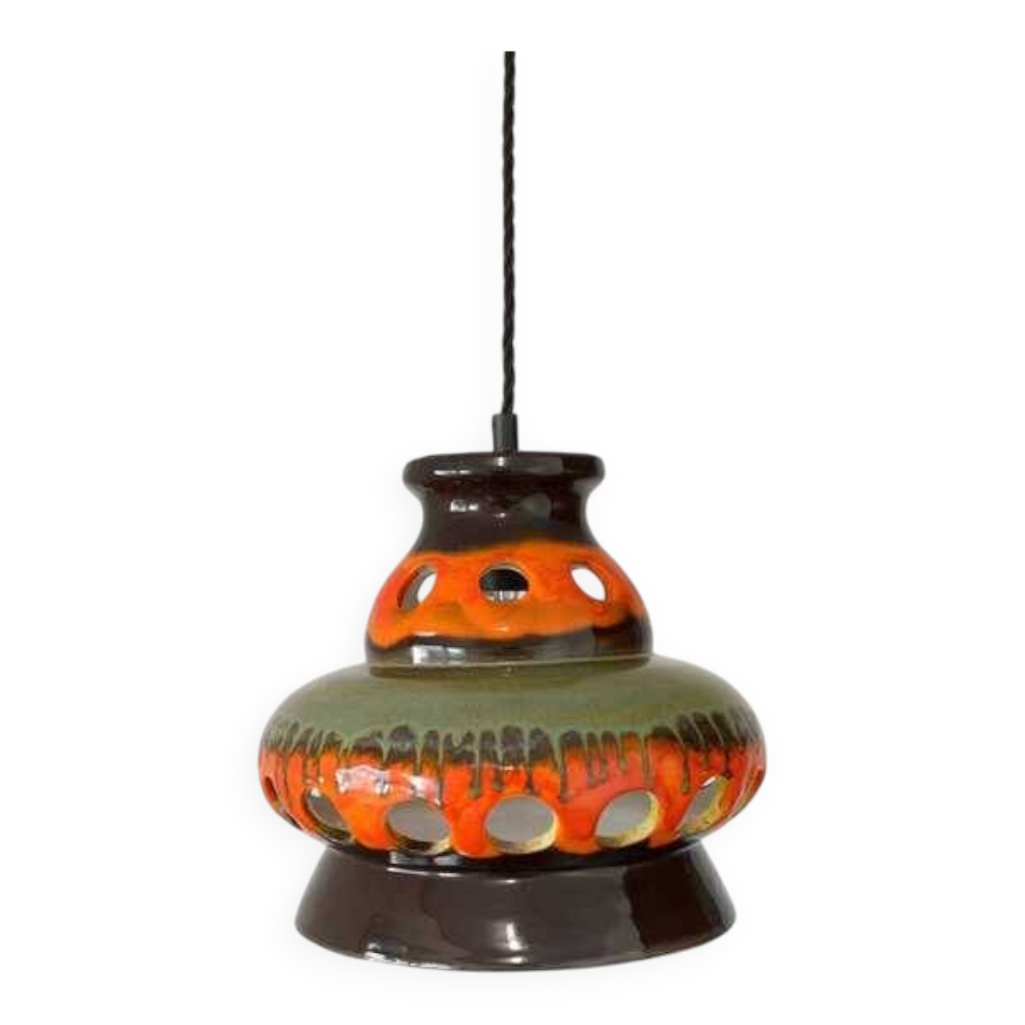 Vintage ceramic pendant light: 1970s rustic handmade chandelier
