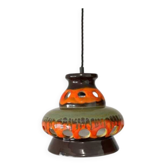Vintage ceramic pendant light: 1970s rustic handmade chandelier