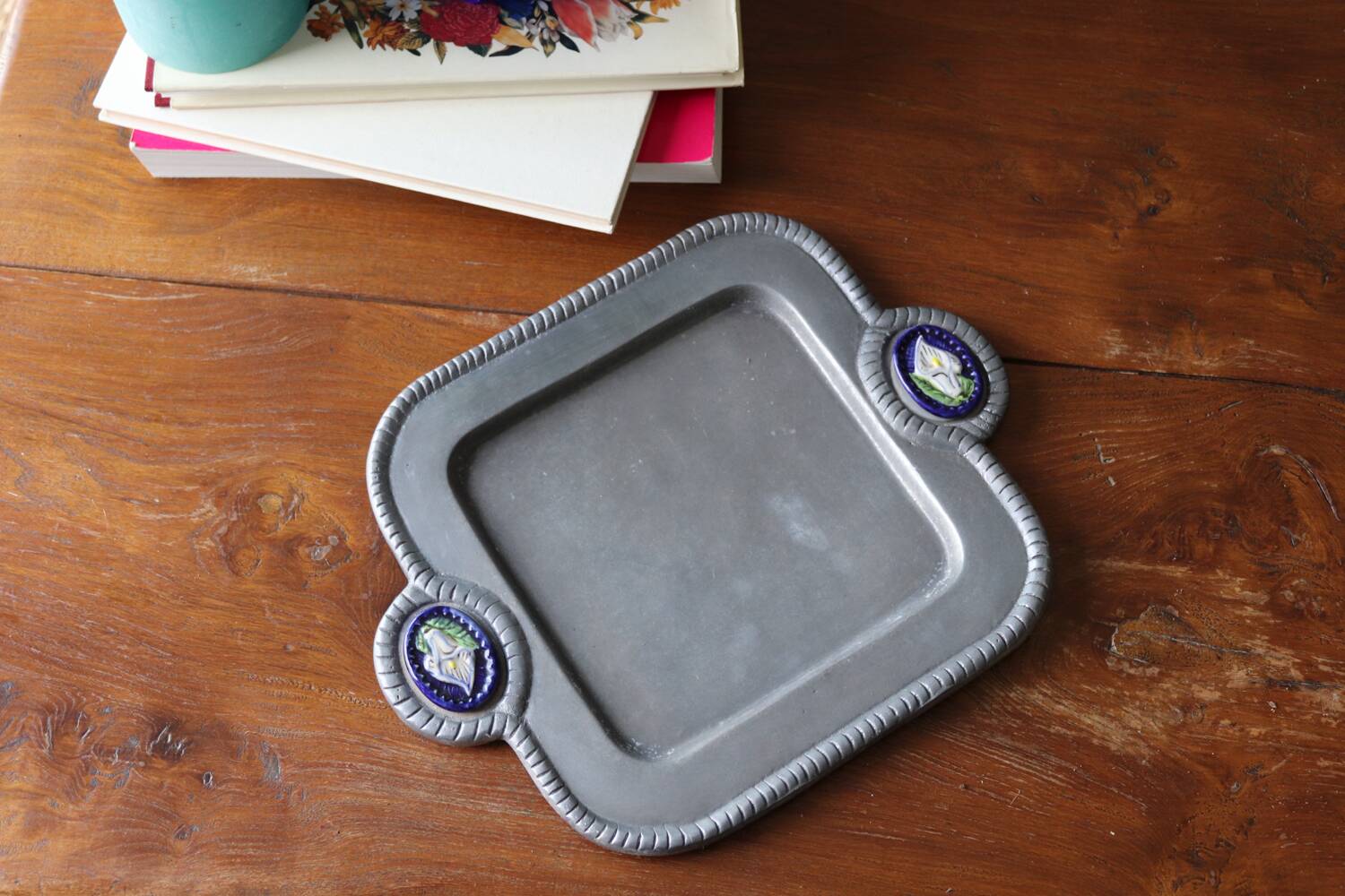Vintage metal and ceramic tray