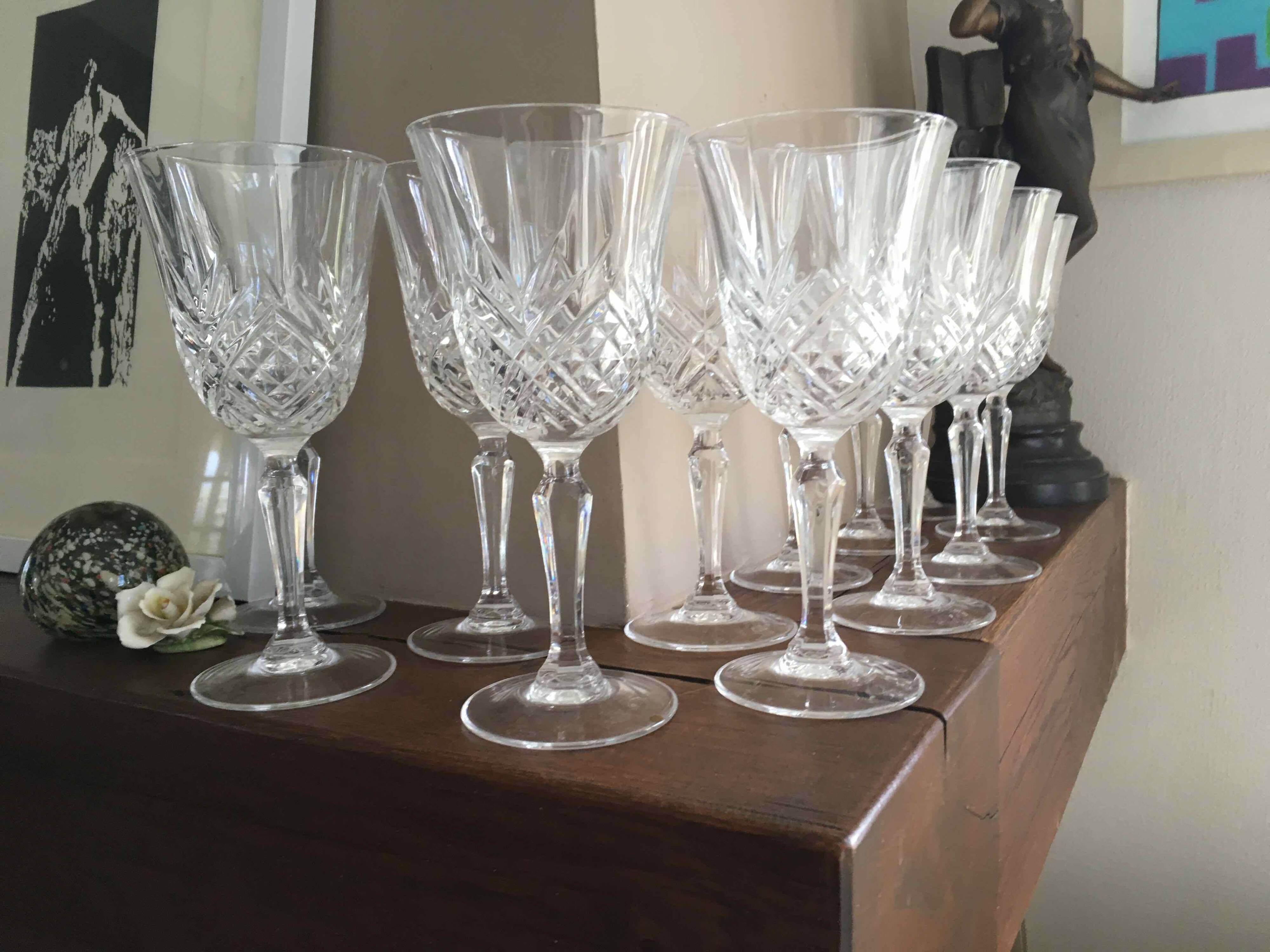 12 large cut crystal wine glasses