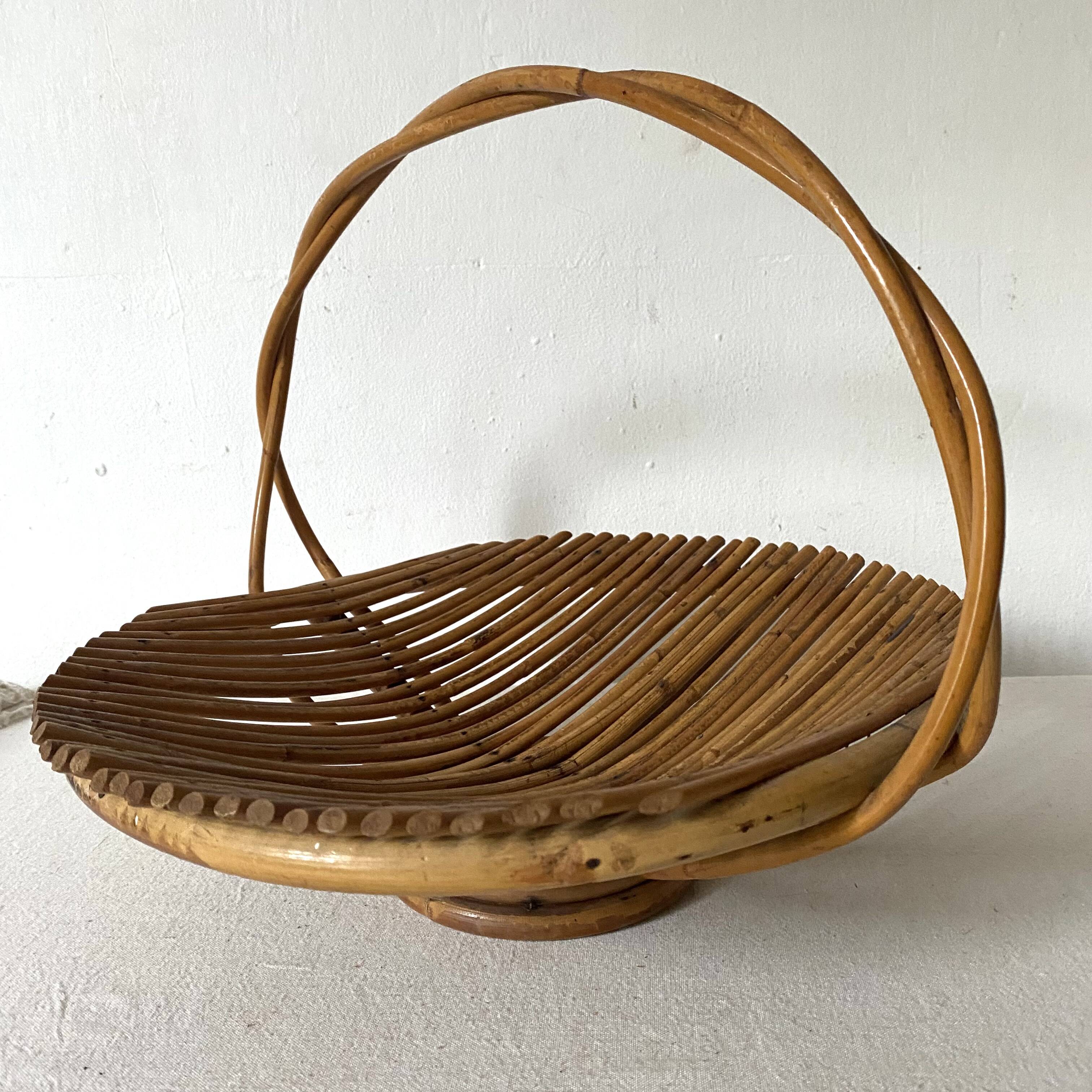 Rattan fruit basket with handle, 1970s
