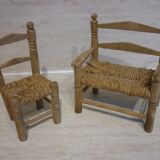 Bench and armchair in wood and straw for doll