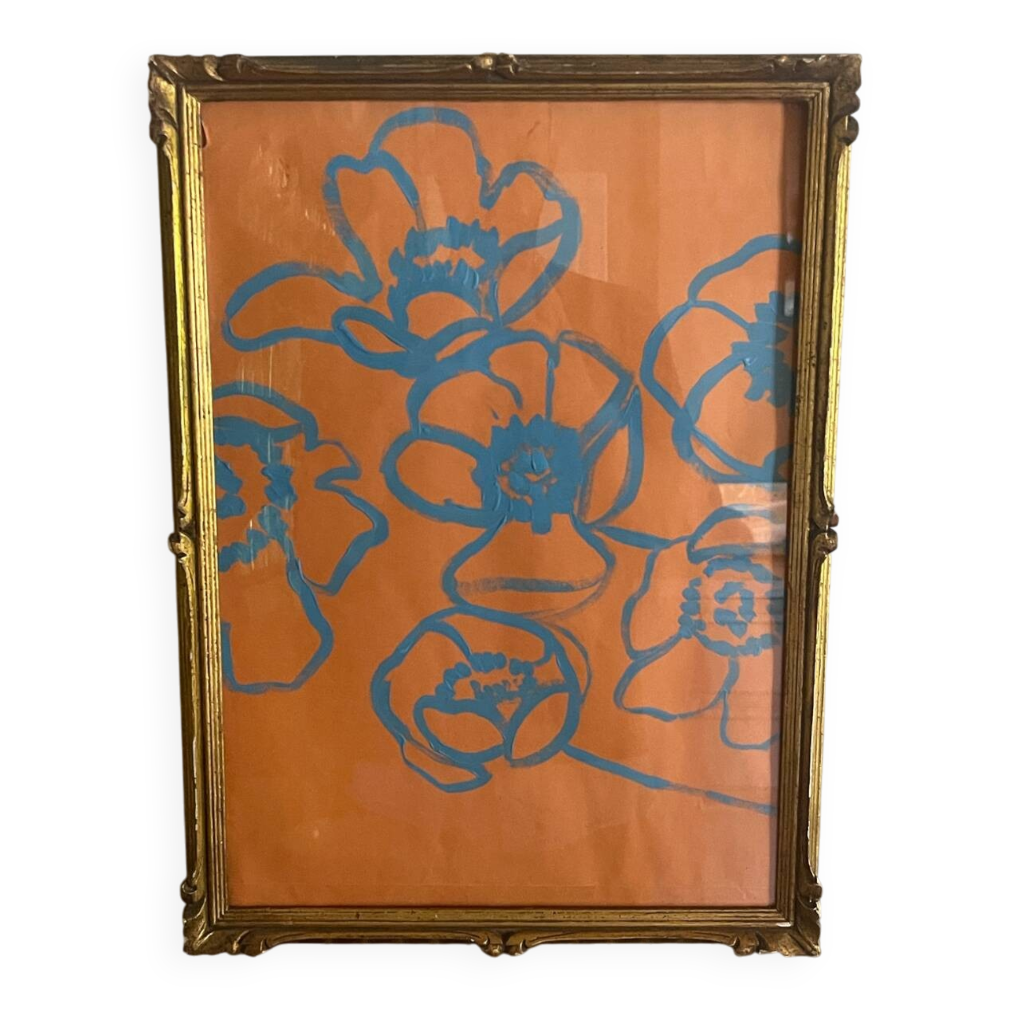 Gouache painting of blue flowers on an orange background