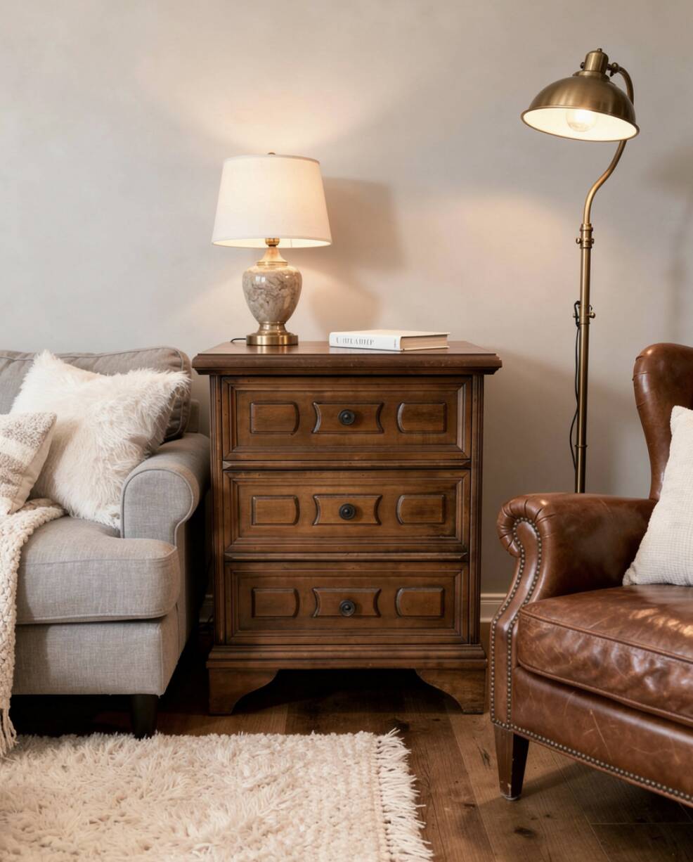 Vintage bedside cabinet with three drawers in moulded wood, Louis XV style.