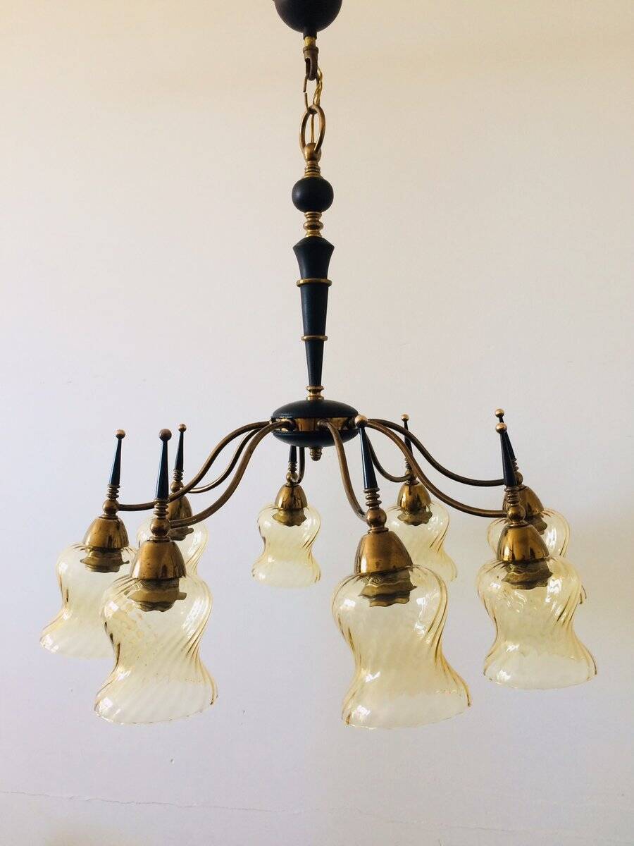 Atomic Age Design Brass and Glass Chandelier, 1950s