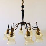 Atomic Age Design Brass and Glass Chandelier, 1950s