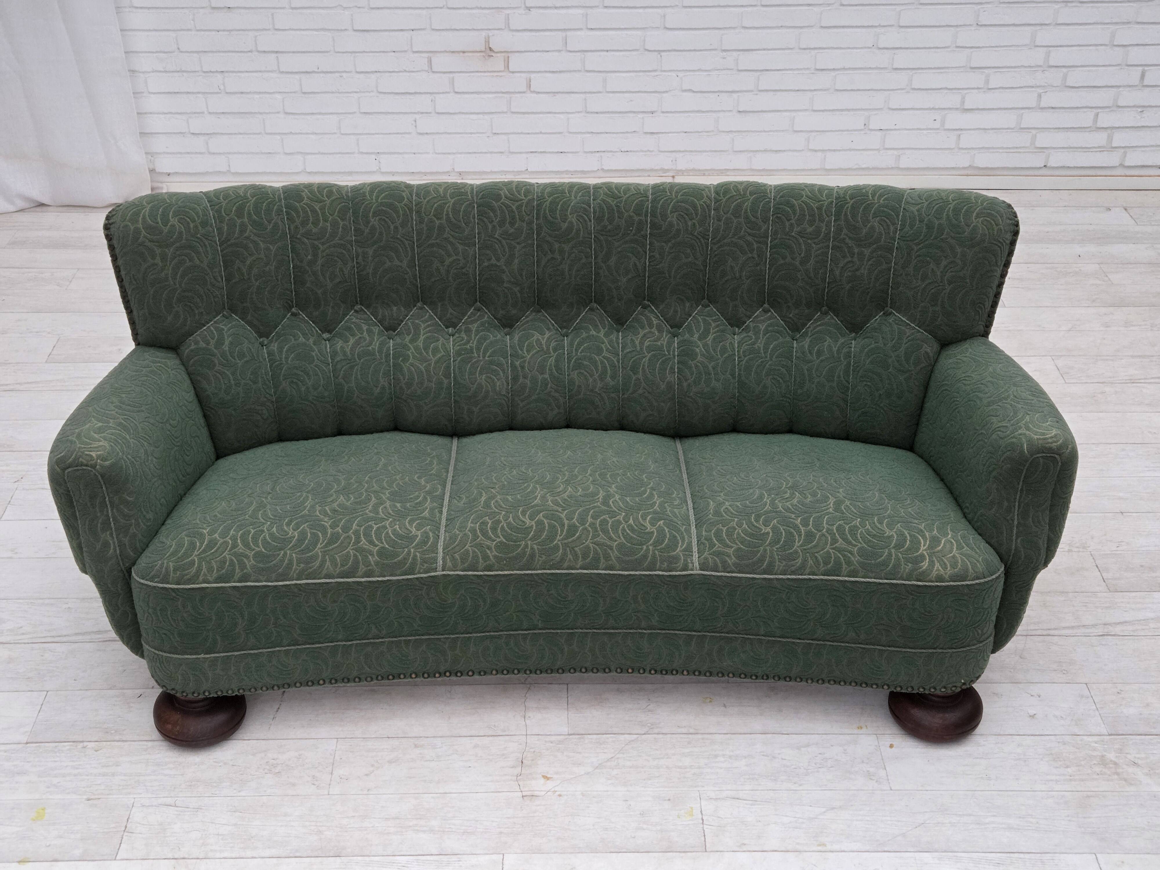 1960s, Danish 3-seater sofa, green furniture wool, oak wood.