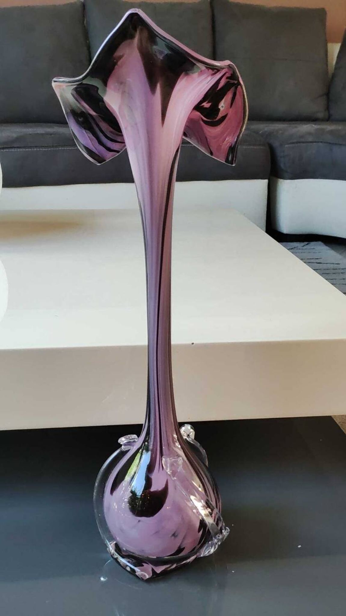 Elegant Large vase, Murano/Italy. Floral/Calla shape collar. Decorated with scrolls/lilac/plum waves. High 43 cm