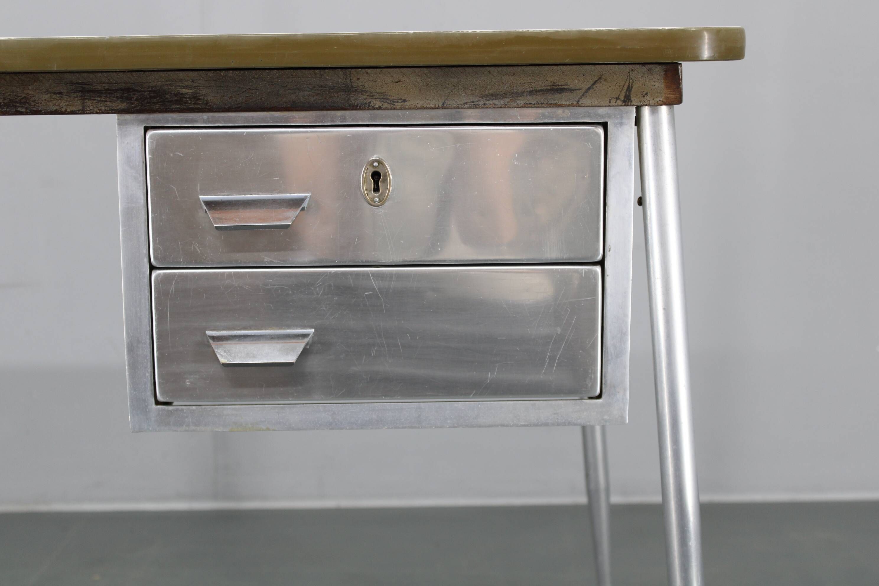 1950s Italian industrial metal and umakart desk — mid-century modern workstation