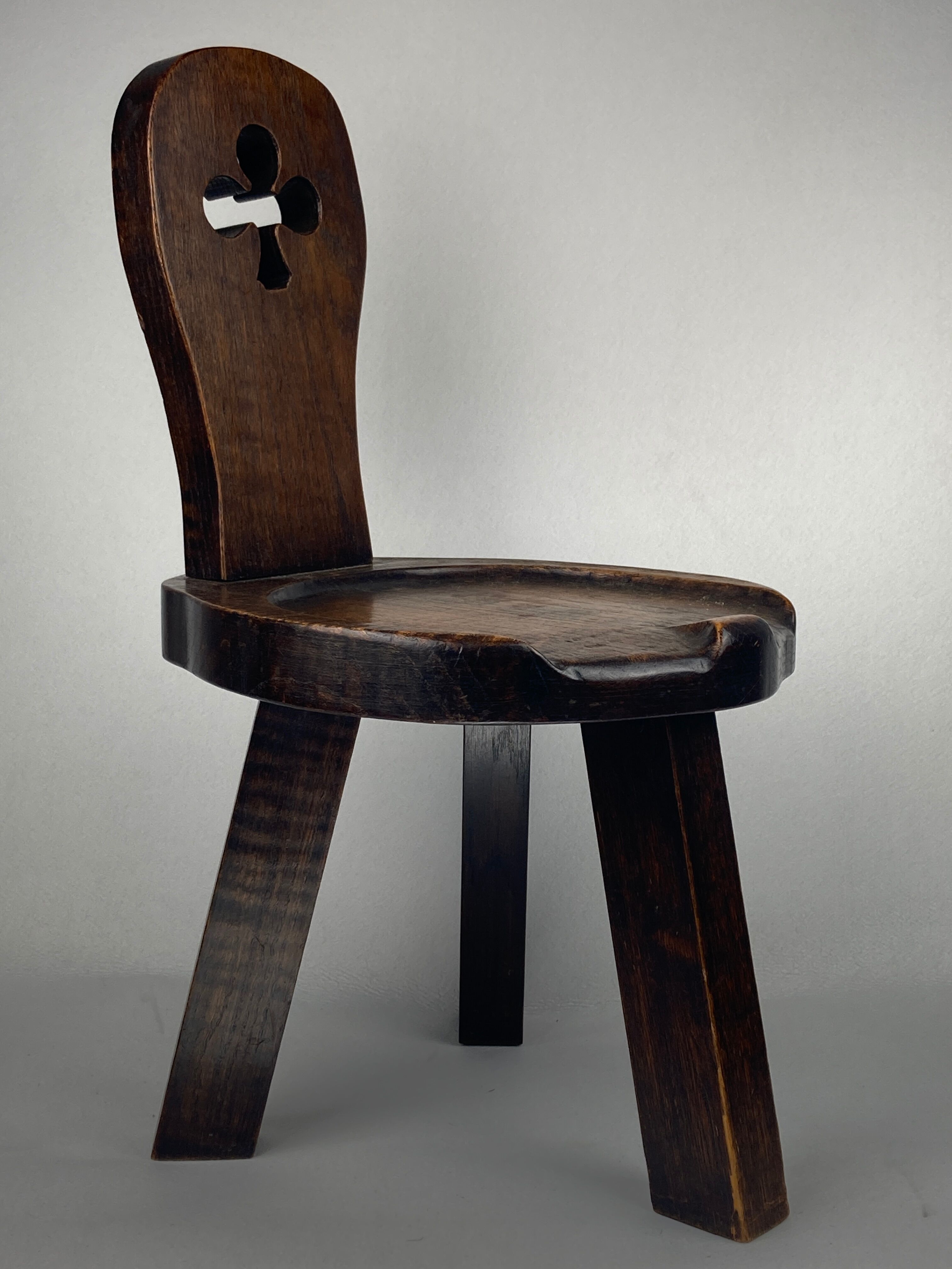 Sculptural oak brutalist chunky tripod stool, ca 1960s