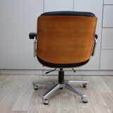 Vintage swivel office armchair in black leather and wood by Giroflex 60s