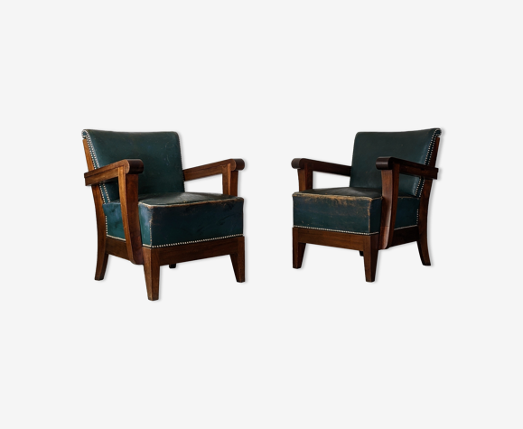 Paire de fauteuils Art Déco en acajou et cuir, France, vers 1930