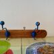 Vintage wooden wall coat rack - triple coat hook with blue metal balls