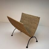 Vintage woven rope folding magazine rack with black metal frame, 1960s