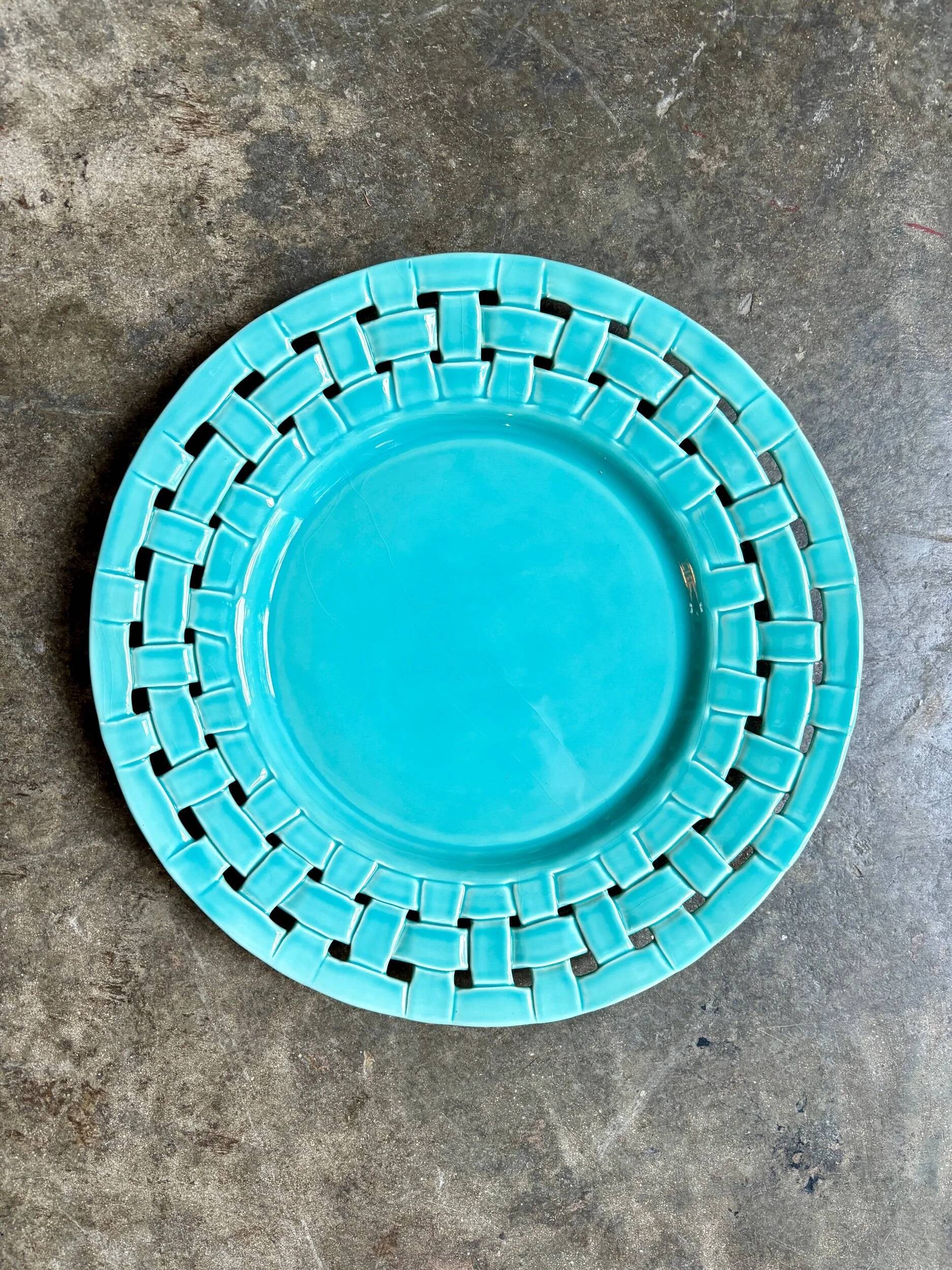 Serving plate, turquoise woven ceramic dish