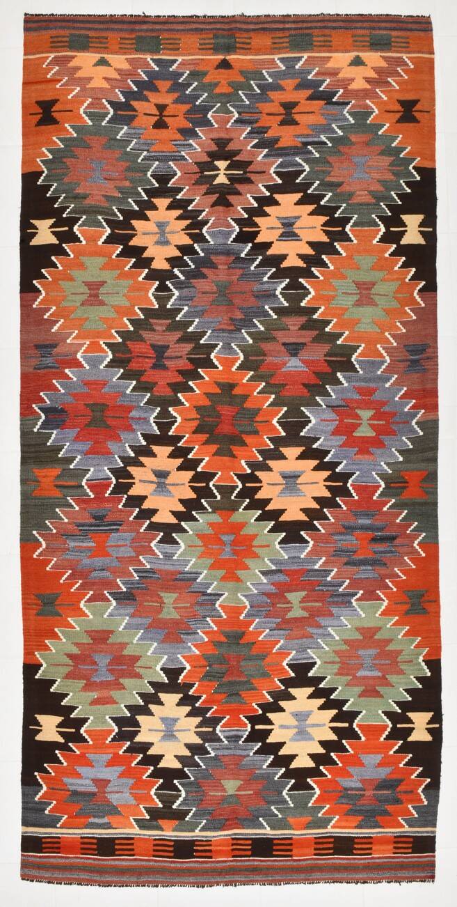 5x11 Multicolor Geometric Style Kilim Rug, Hanmade Wool Area Rug, 162x342Cm