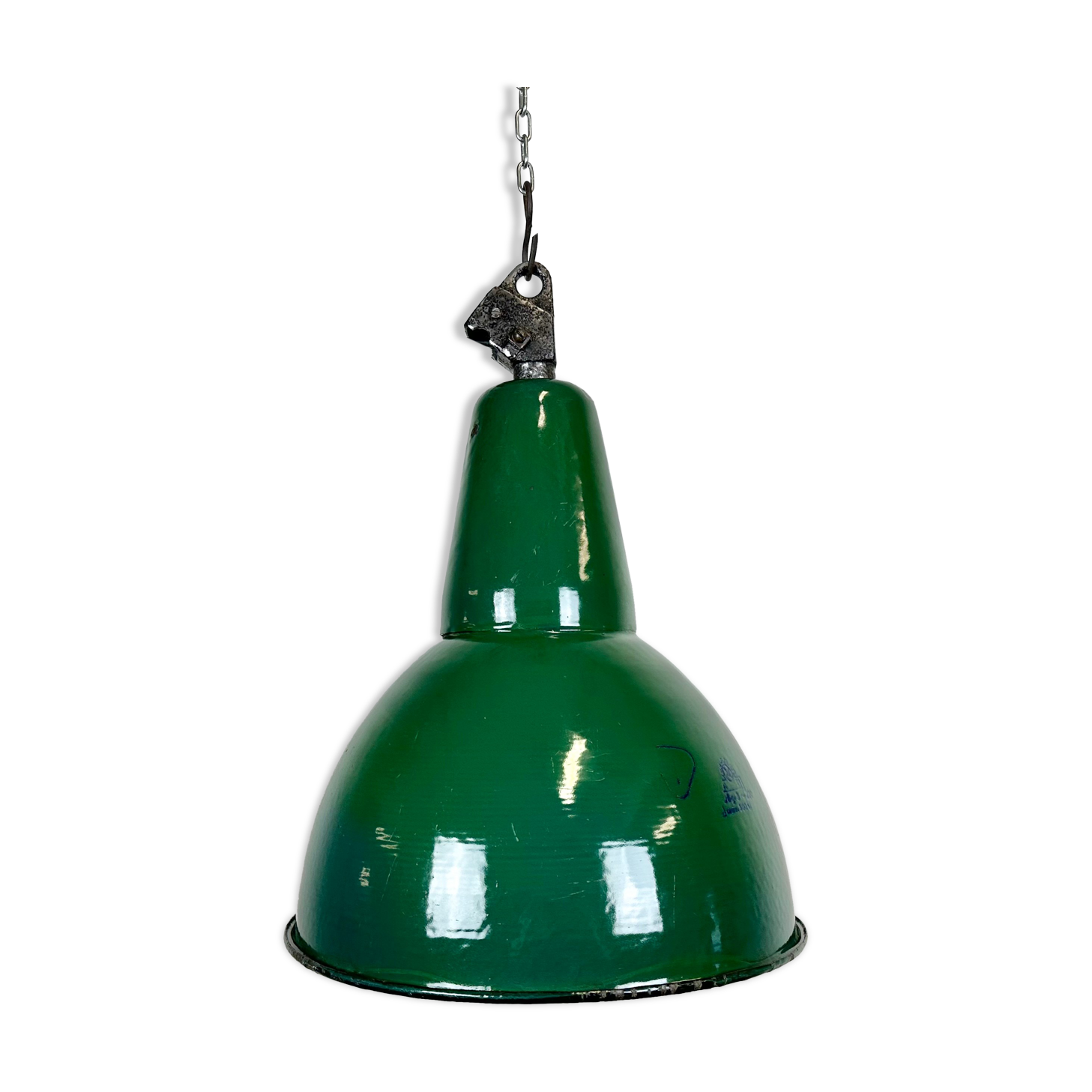 Industrial green enamel factory lamp with cast iron top, 1960s