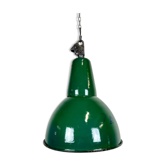 Industrial green enamel factory lamp with cast iron top, 1960s