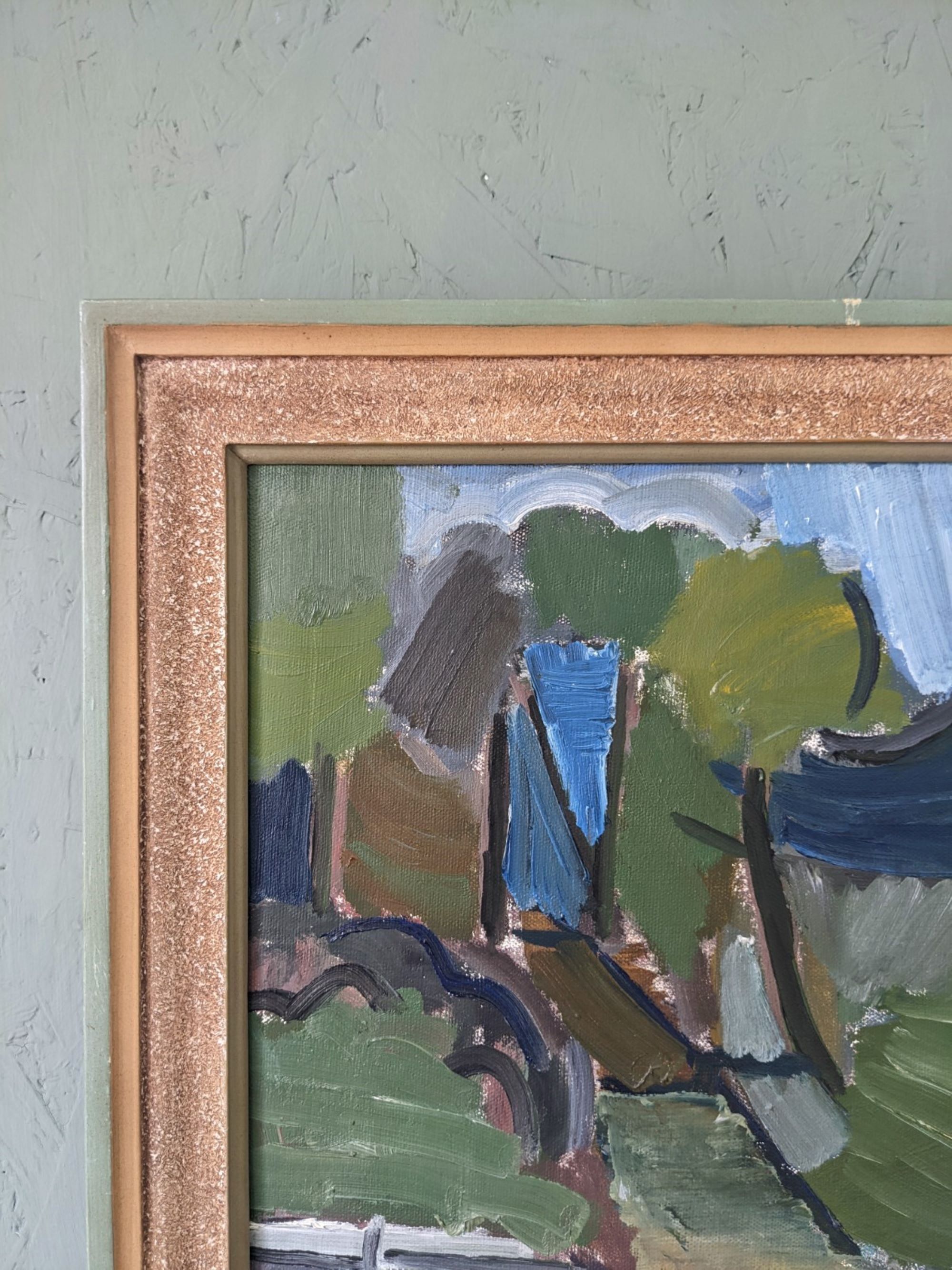 Mid-Century Modern Swedish Oil Painting "Green Park" Vintage Framed Landscape