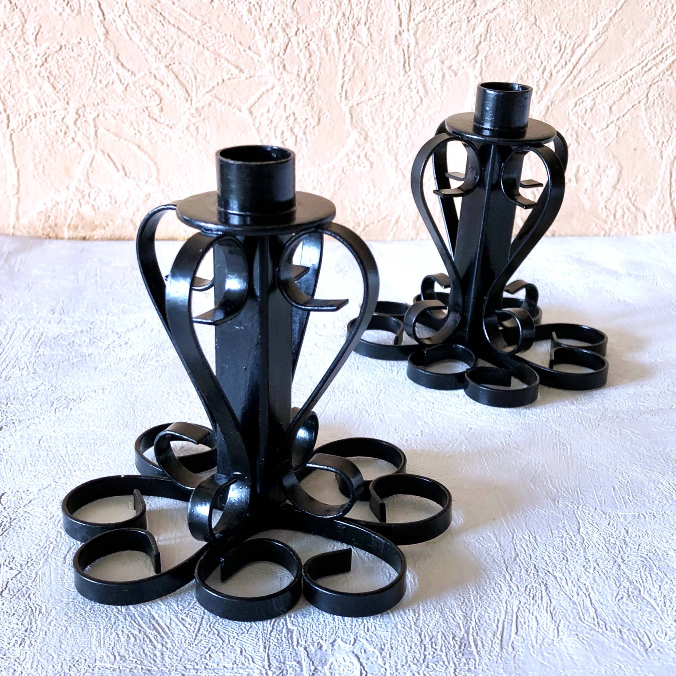 Set of two vintage twisted wrought iron candlesticks