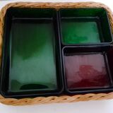 Set with appetizers, wicker tray and 3 colored glass ramekins